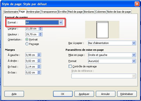 choix du format A4 dans LibreOffice