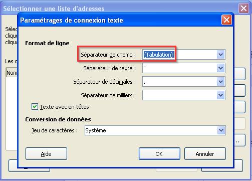 séparateur de champ tabulation assistant mailing libre office